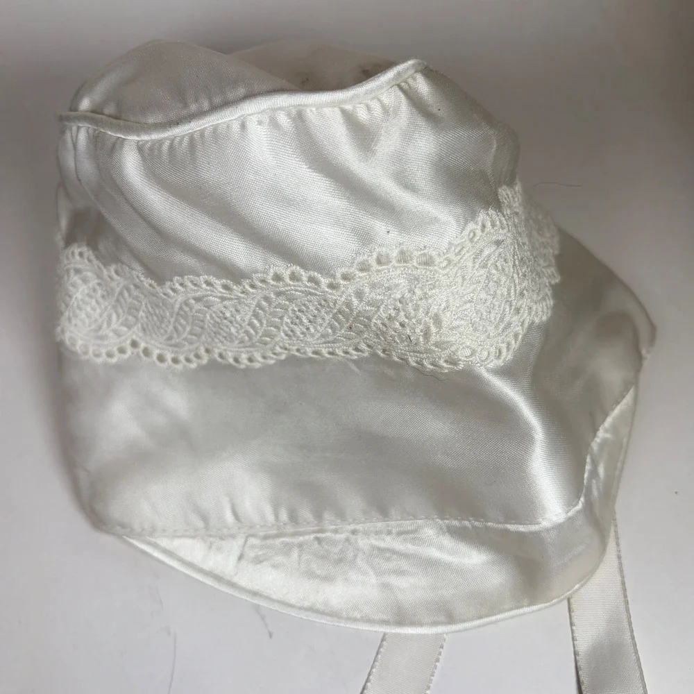 Vintage White Satin Baby Bonnet Lace Trim Ribbon Tie USA Made Large Christening